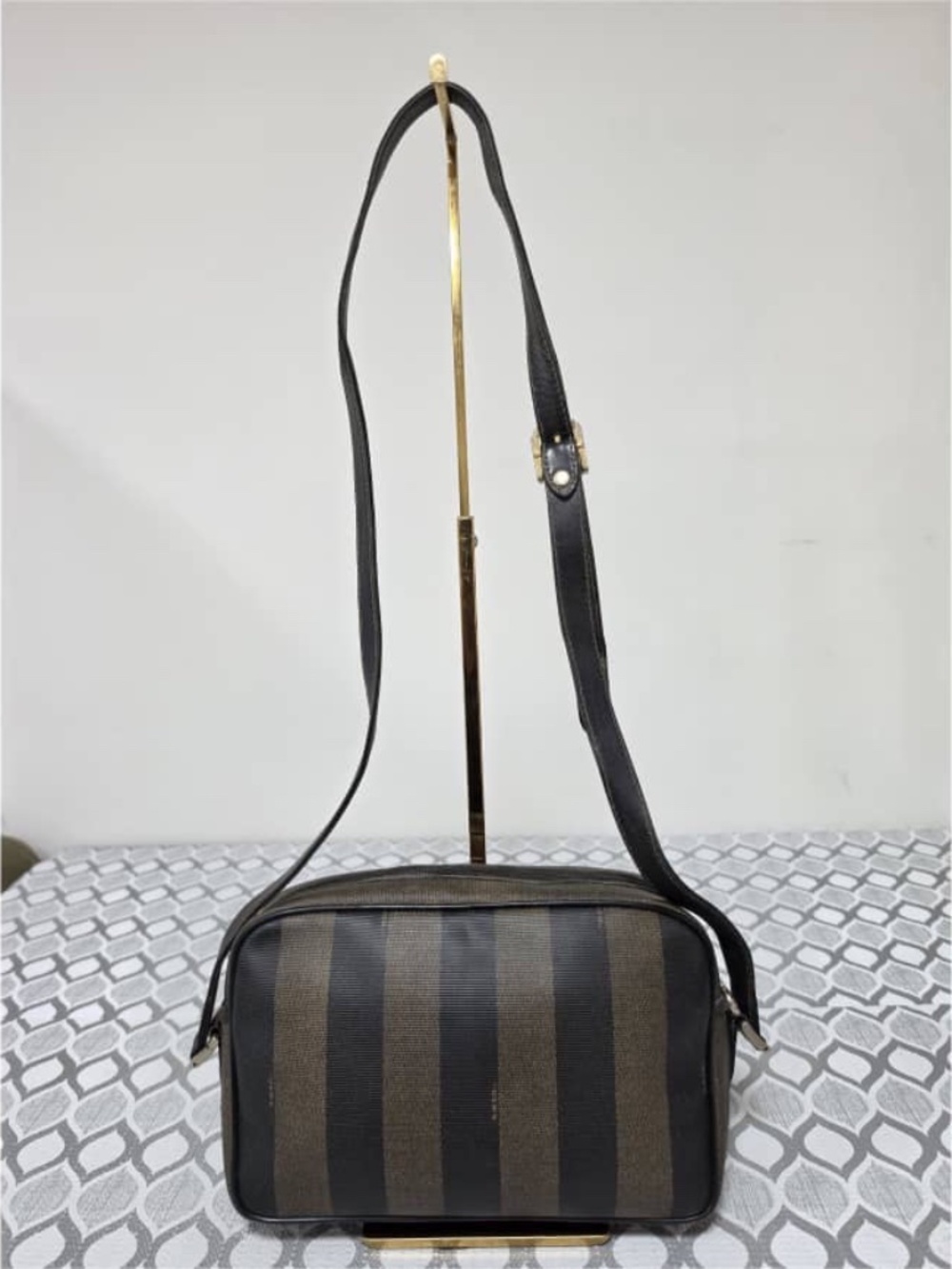 Authentic Fendi Vintage Pequin Stripe Crossbody Camera Bag Black/Brown